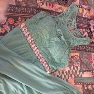 Teal Lace & Mesh Prom Dress with Jeweled Belt